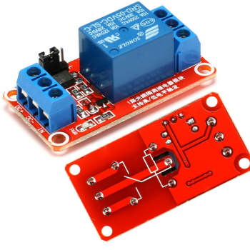 5V 1Channel relay module, optocoupler isolated, high/low level triggered, microcontroller, red board.