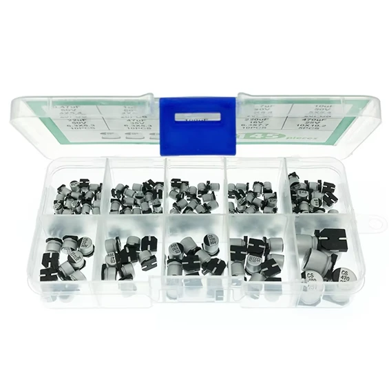 145Pcs 10Values SMD Electrolytic Capacitor Assorted Kit 0.47V~50V, 1uF~470uF with storage box