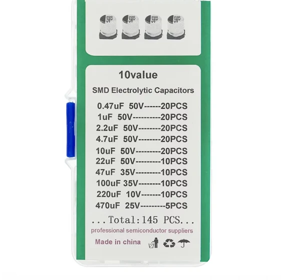 145Pcs 10Values SMD Electrolytic Capacitor Assorted Kit 0.47V~50V, 1uF~470uF with storage box