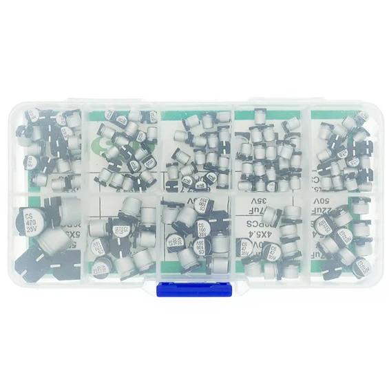 145Pcs 10Values SMD Electrolytic Capacitor Assorted Kit 0.47V~50V, 1uF~470uF with storage box
