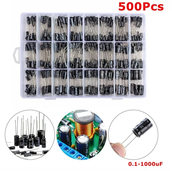 500PCS 24Values 0.1uF-1000uF Electrolytic Capacitor 10V 16V 25V 50V with Storage Box