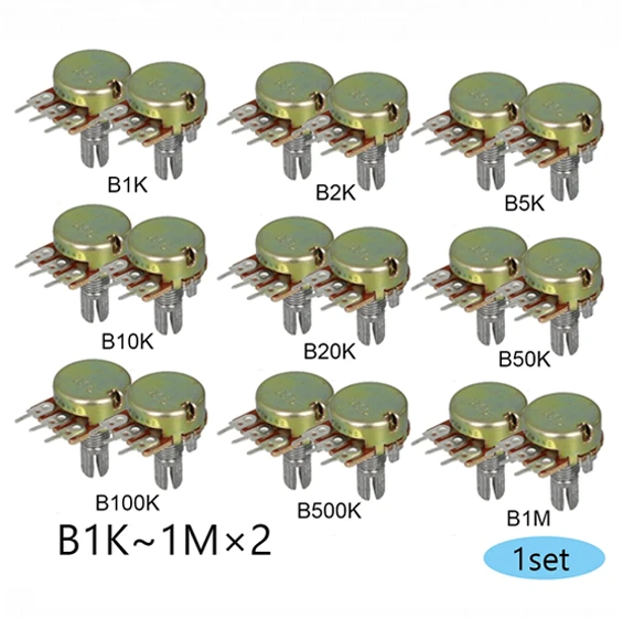 18PCS WH148 3Pin Potentiometer Kit - B1K B2K B5K B10K B20K B50K B100K B500K B1M With Knobs