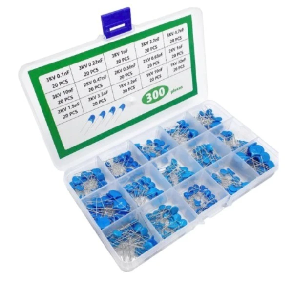 300PCS High Voltage Ceramic Capacitor Assortment Kit (1kV, 2kV, 3kV) Range 0.1nF to 22nF 15Value