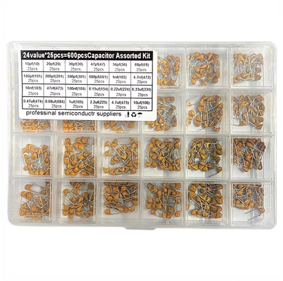 600PCS 24Value Monolithic Capacitor Assorted Kit - 10pF to 10uF