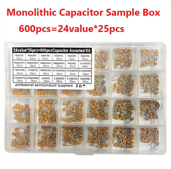 600PCS 24Value Monolithic Capacitor Assorted Kit - 10pF to 10uF